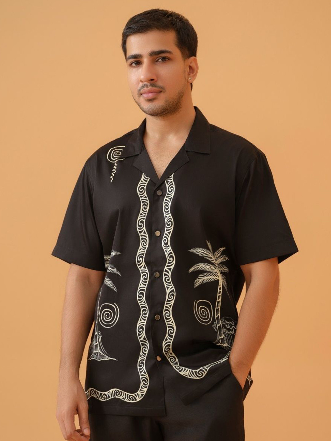 Befitting Hand Painted Floral Printed Cuban Collar Cotton Casual Shirt