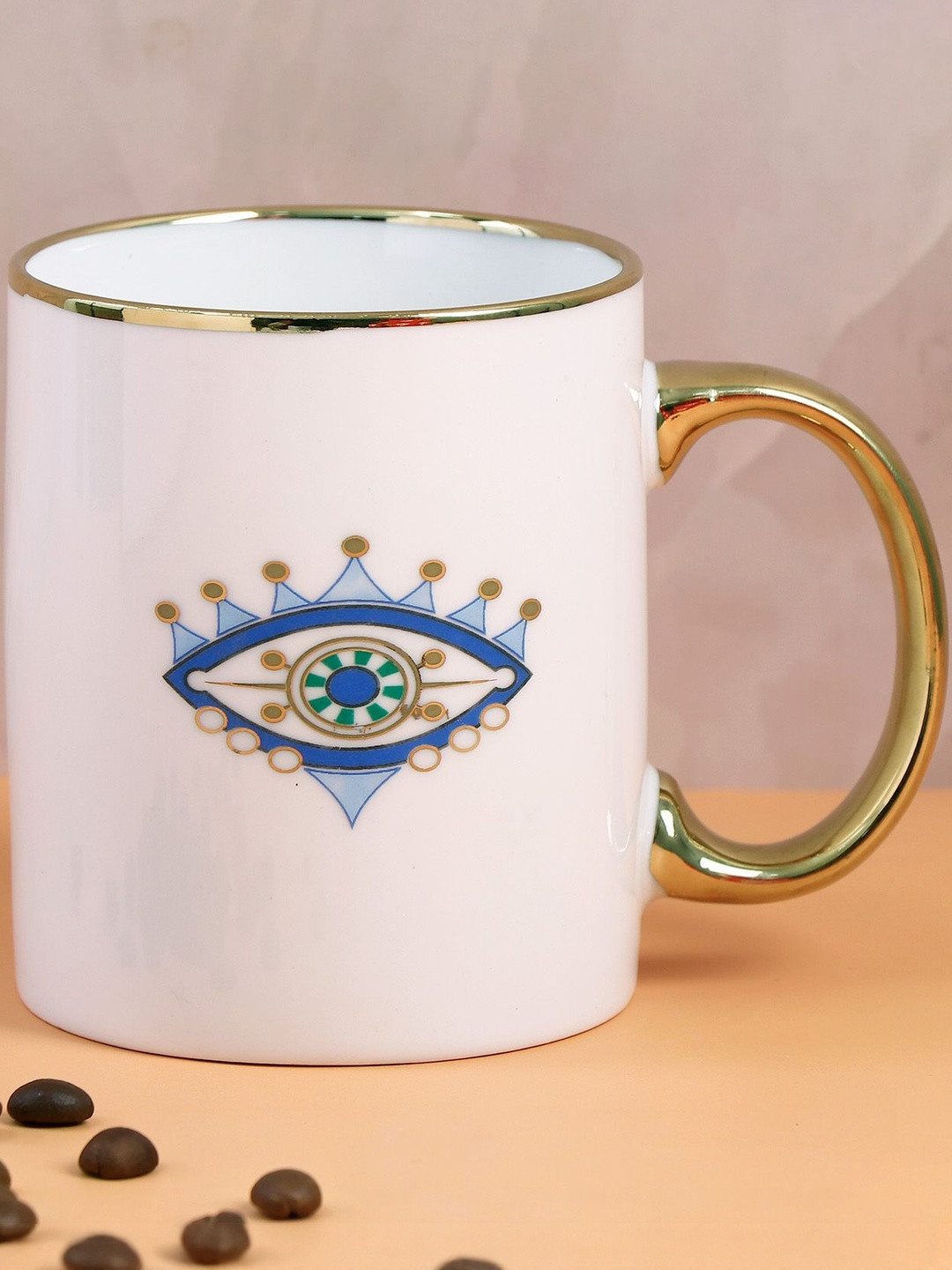 Archies White & Gold-Toned Evil Eye Printed Ceramic Glossy Mug