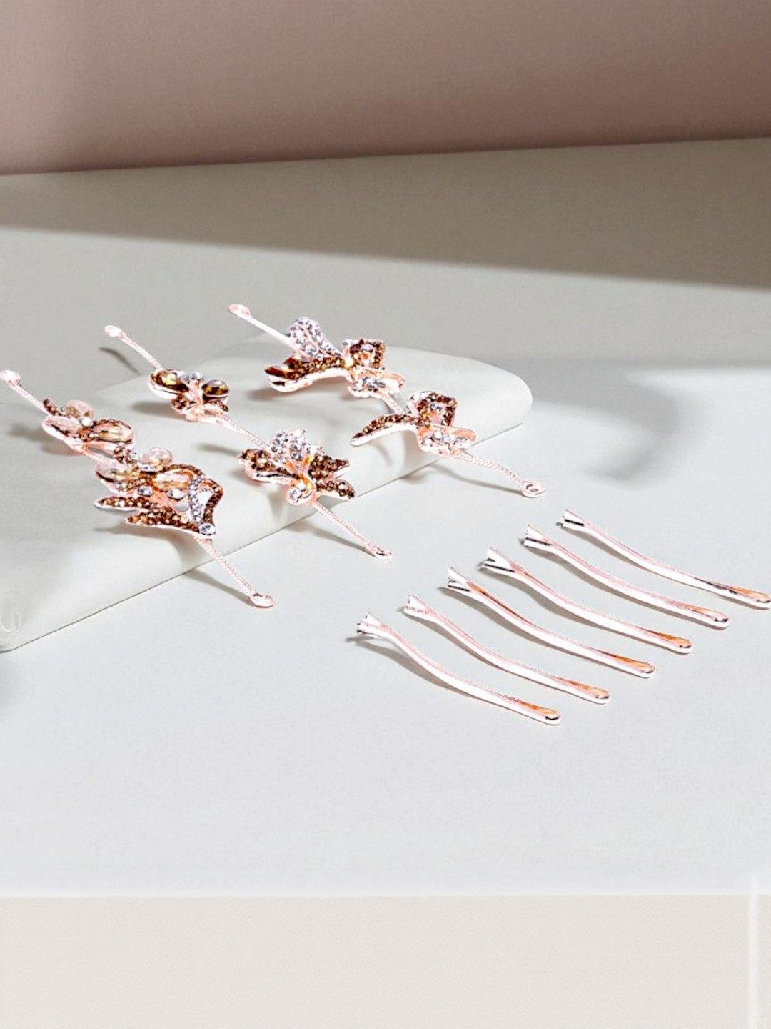 Anxvi Women Set of 3 Rose Gold Plated Flower Leaf Design Hair Beaded Tiara