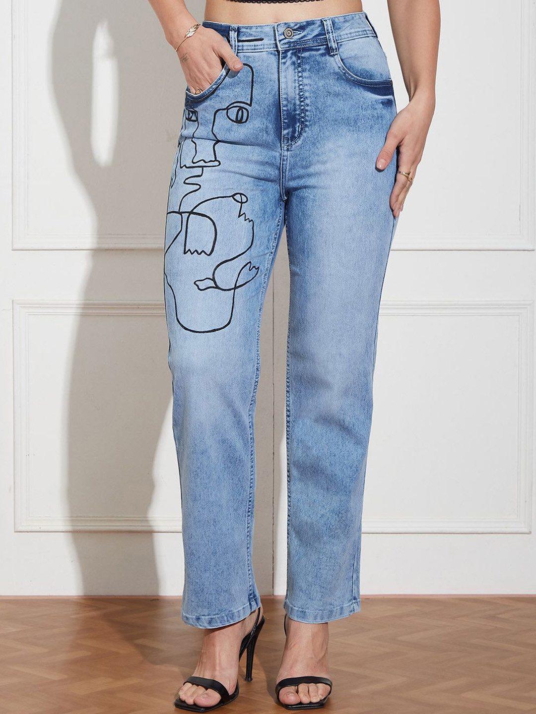 Women's Mom Fit High Rise Hand Painted Heavy Wash Stretchable Denim Jeans