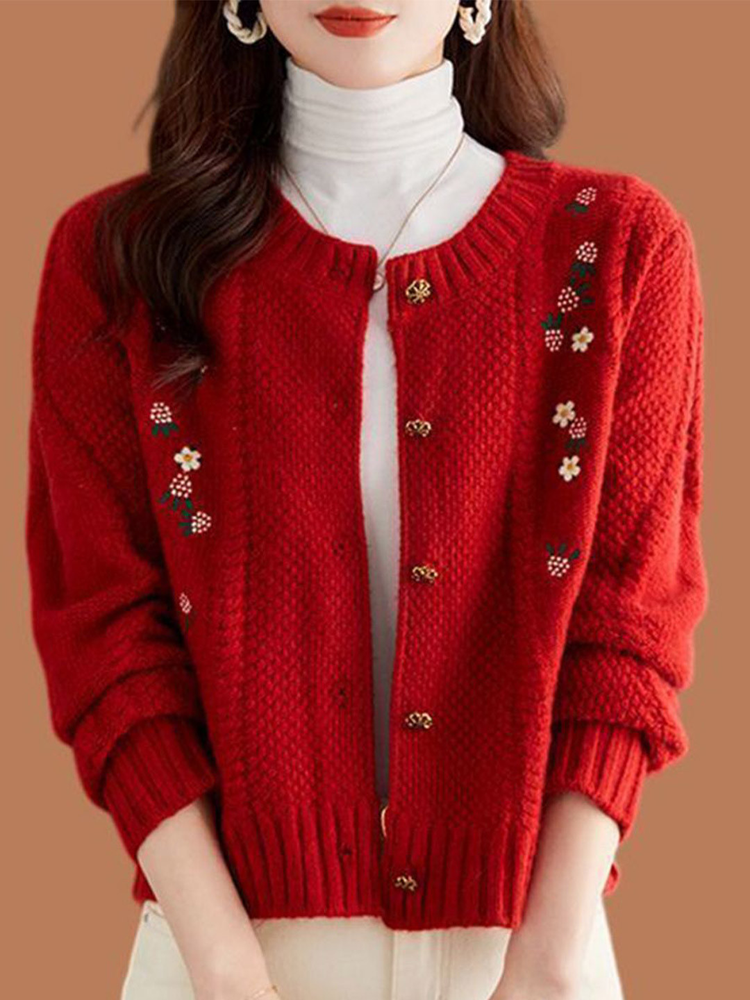 bebe Women Self Design Cable Knit Floral Embroidered Cardigan