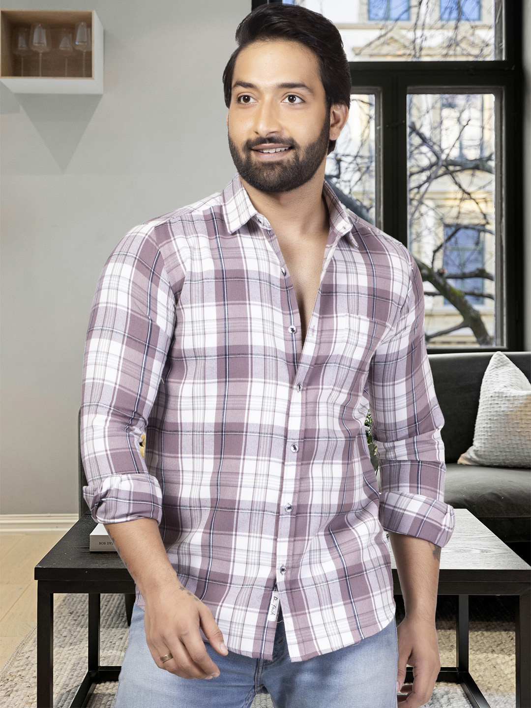 D Finish Smart Checked Long Sleeves Corduroy Cotton Shirt