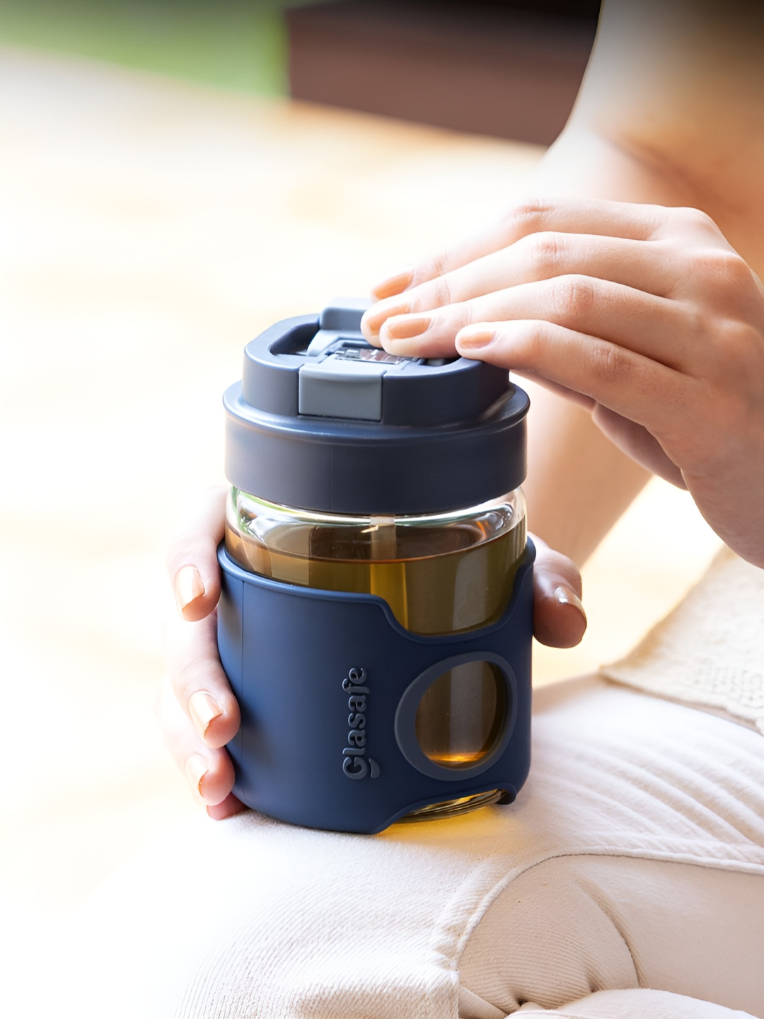 GLASAFE Navy Blue Solid Matte Mug With Silicone Grip 360 ml