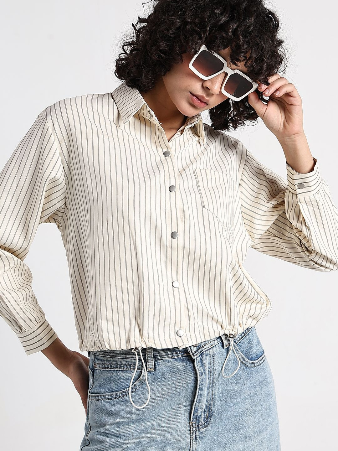 SHOWOFF Women Cream Pinstripes Cotton Blend Shirt Style Tops