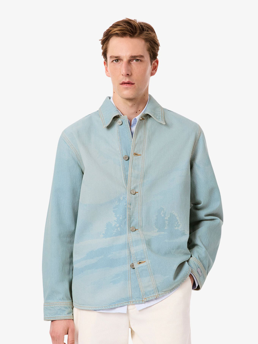 Lacoste Landscape Motif Printed Spread Collar Denim Cotton Comfort Relaxed Fit Shirt