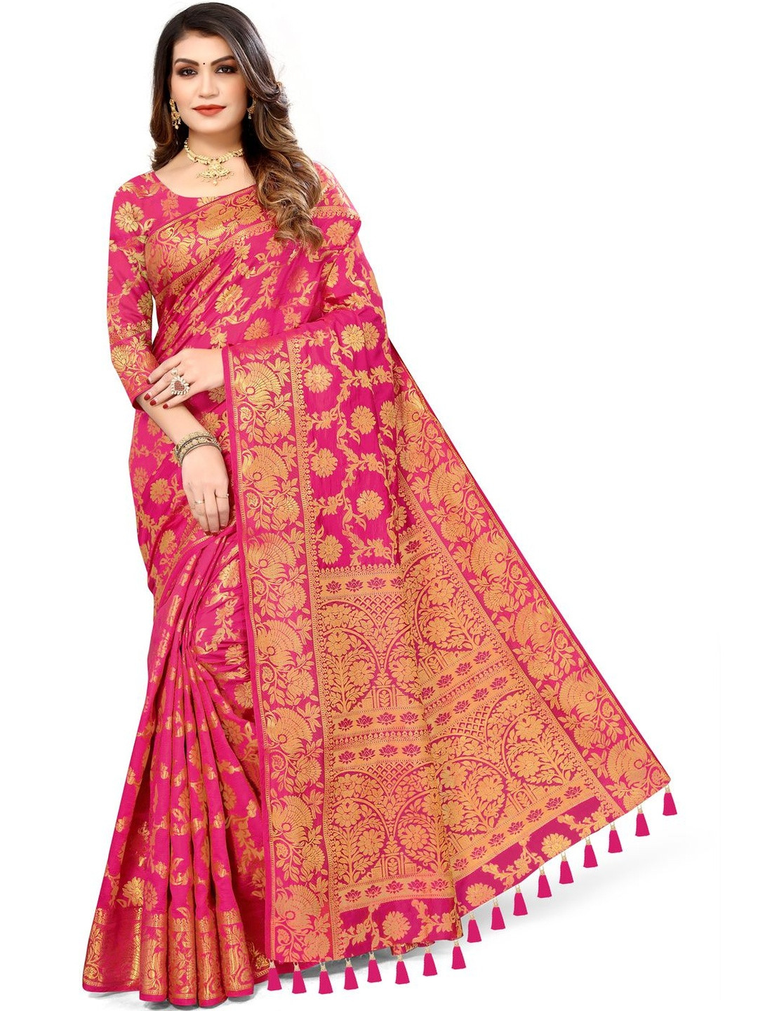 COSBILA FASHION Floral Woven Design Zari Silk Cotton Banarasi Saree