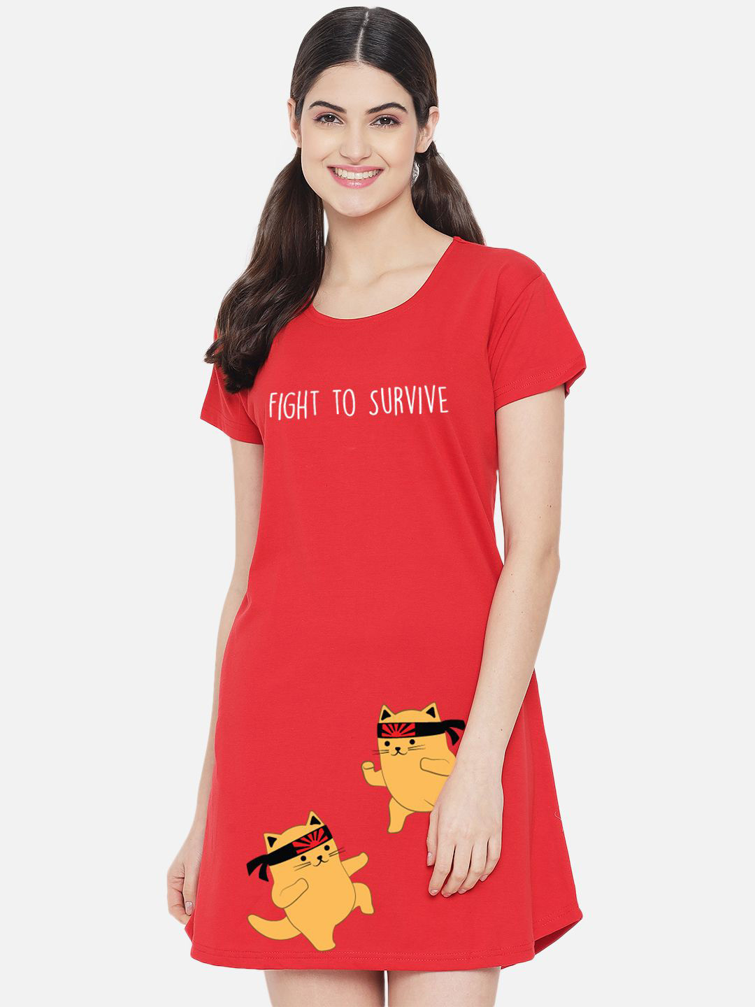FFLIRTYGO Women Pure Cotton Red Printed T-shirt Nightdress