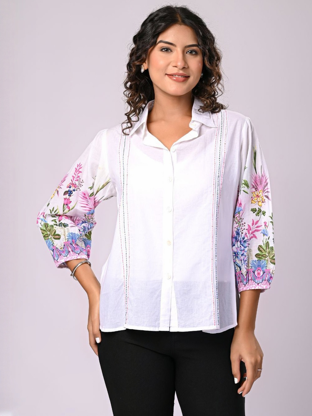 Zolo Label Floral Printed Puff Sleeve Cotton Shirt Style Top