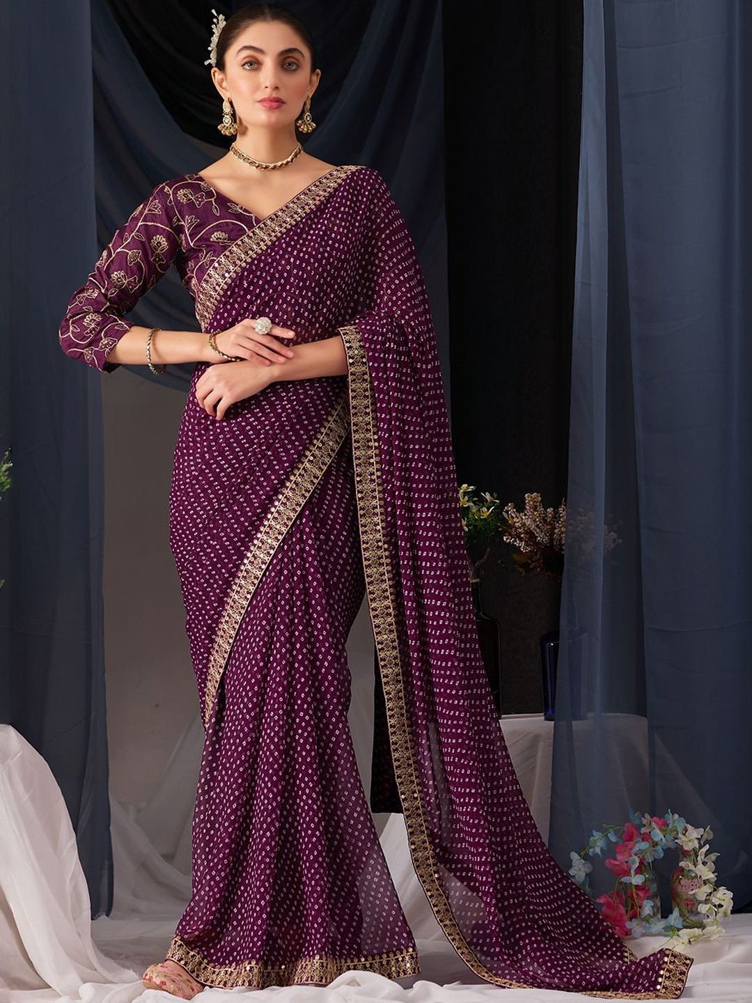 Prettyage Bandhani Printed Zari Work Saree With Blouse