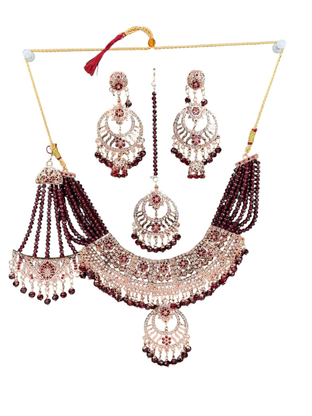 shreeji jewels Rose-Gold Plated Artificial Stones Studded And Beaded Jewellery Set