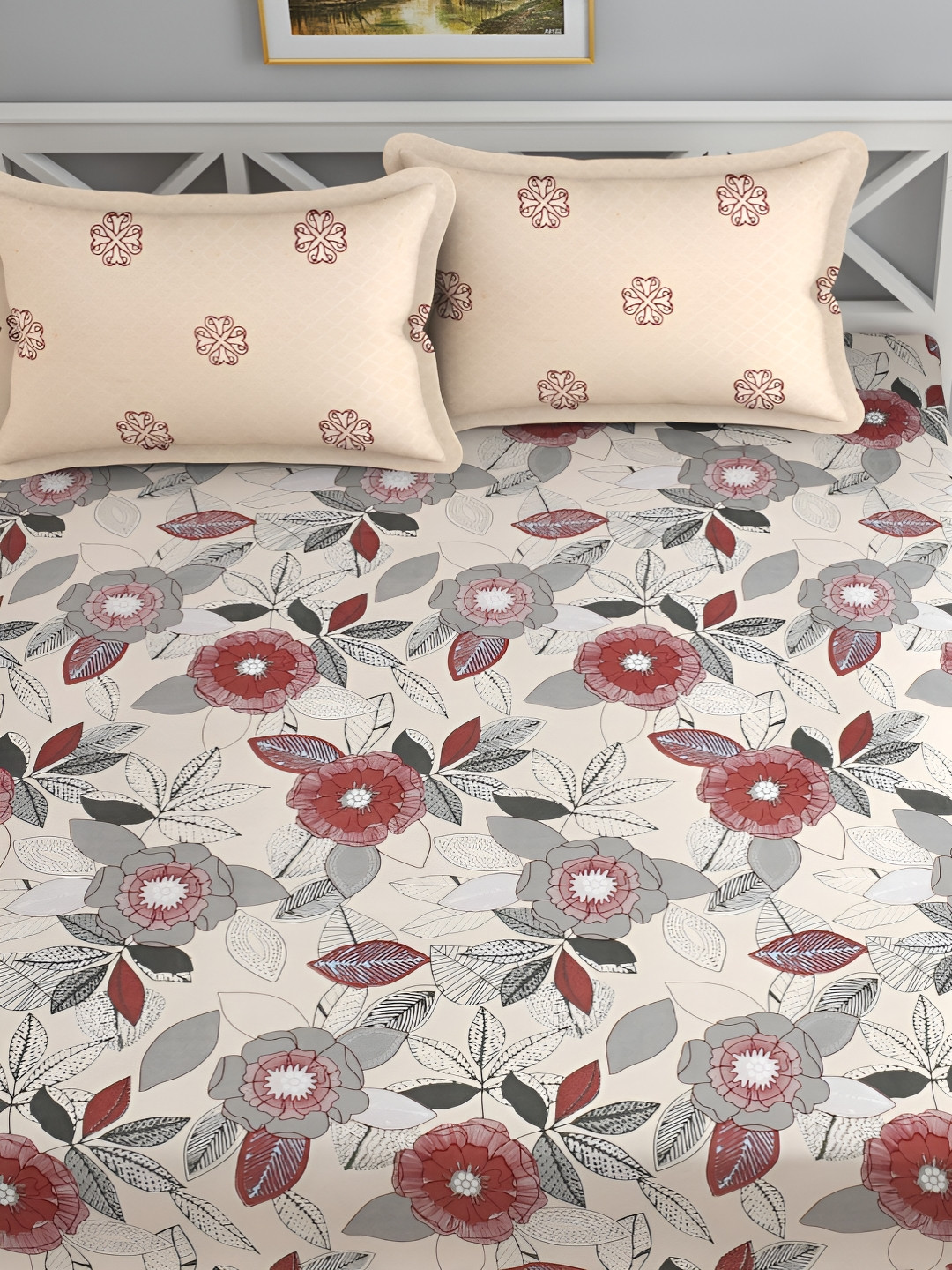 Florida Cream Floral Printed 144 TC Double Bedsheet With 2 Pillow Covers & Carry Bag