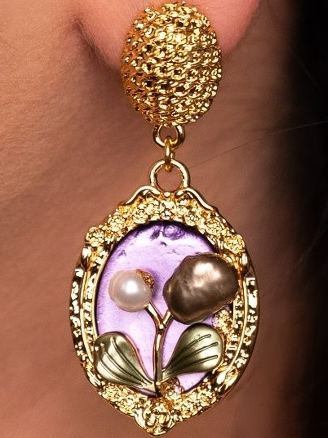 THE OPAL JEWELS Gold-Plated Sea Pearls Studded Oval Shaped Drop Earrings