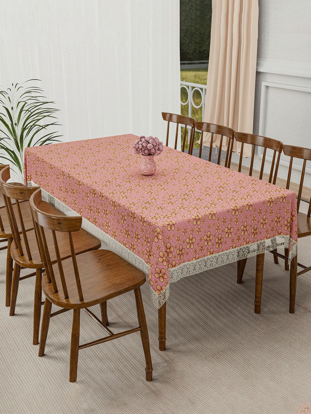 HOMESTIC Peach And Brown Floral Printed Anti-Skid Plastic 6-Seater Table Cover