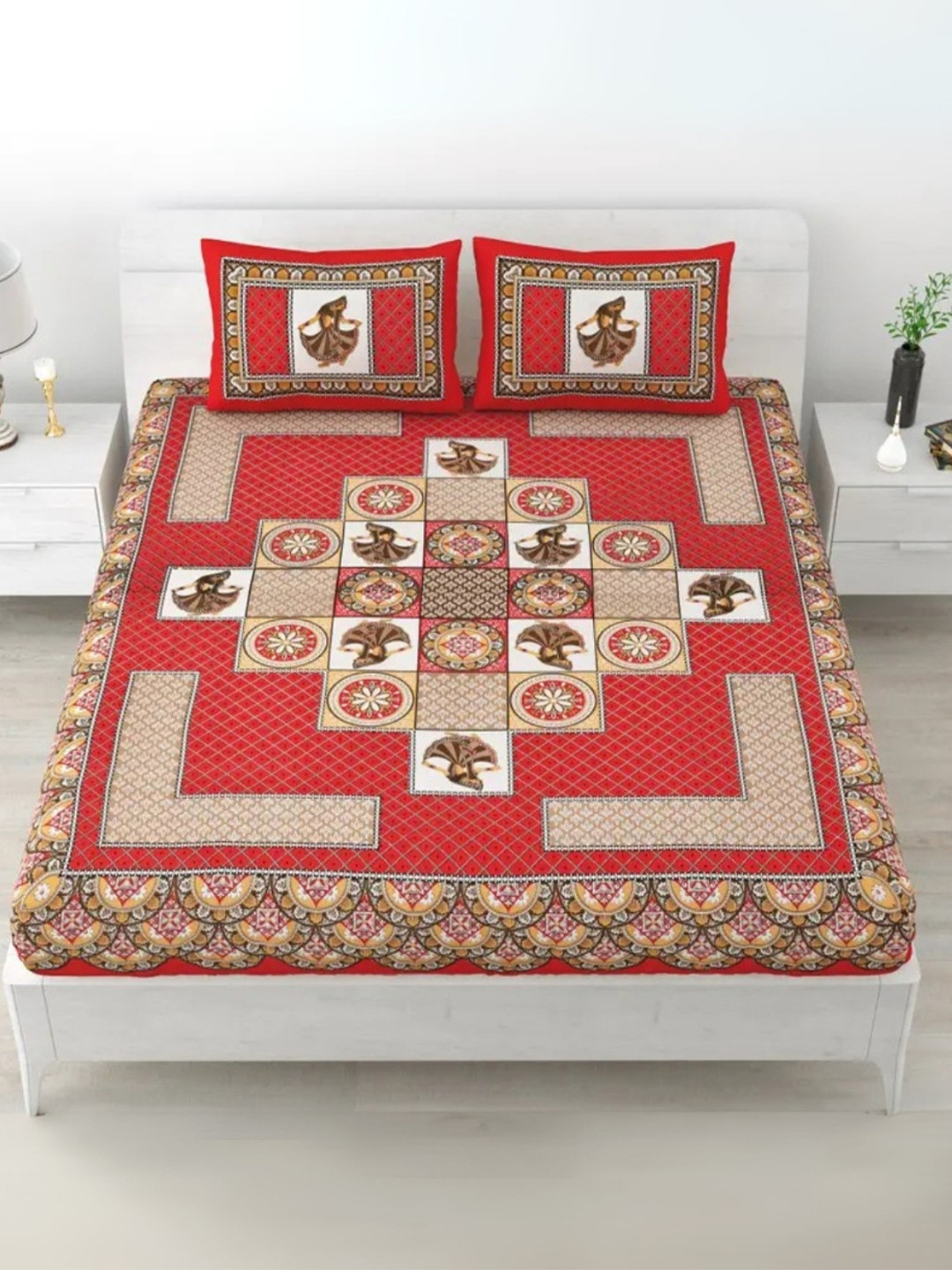 POORAK Red & Green Floral 104 TC King Bedsheet Set  0.9 mx 1 m