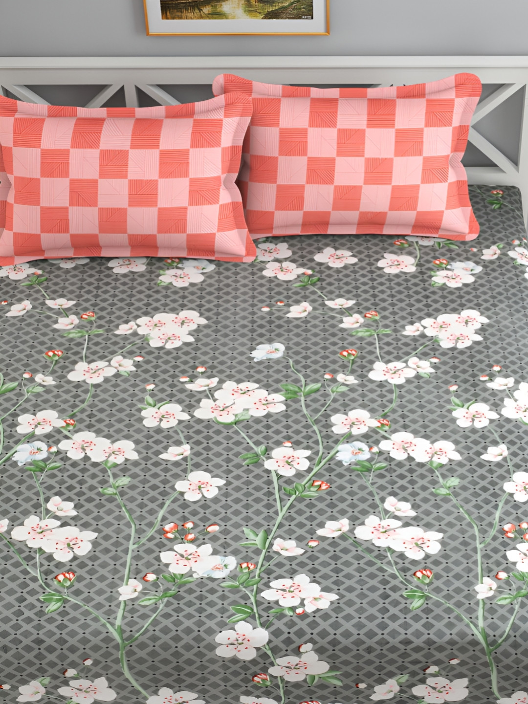 Florida Grey Floral Printed 144 TC Double Bedsheet With 2 Pillow Covers & Carry Bag