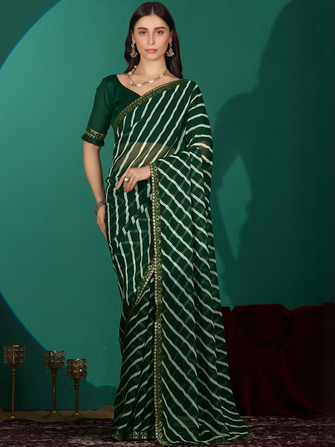 Prettyage Leheriya Printed Lace Border Georgette Banarasi Saree With Unstiched Blouse