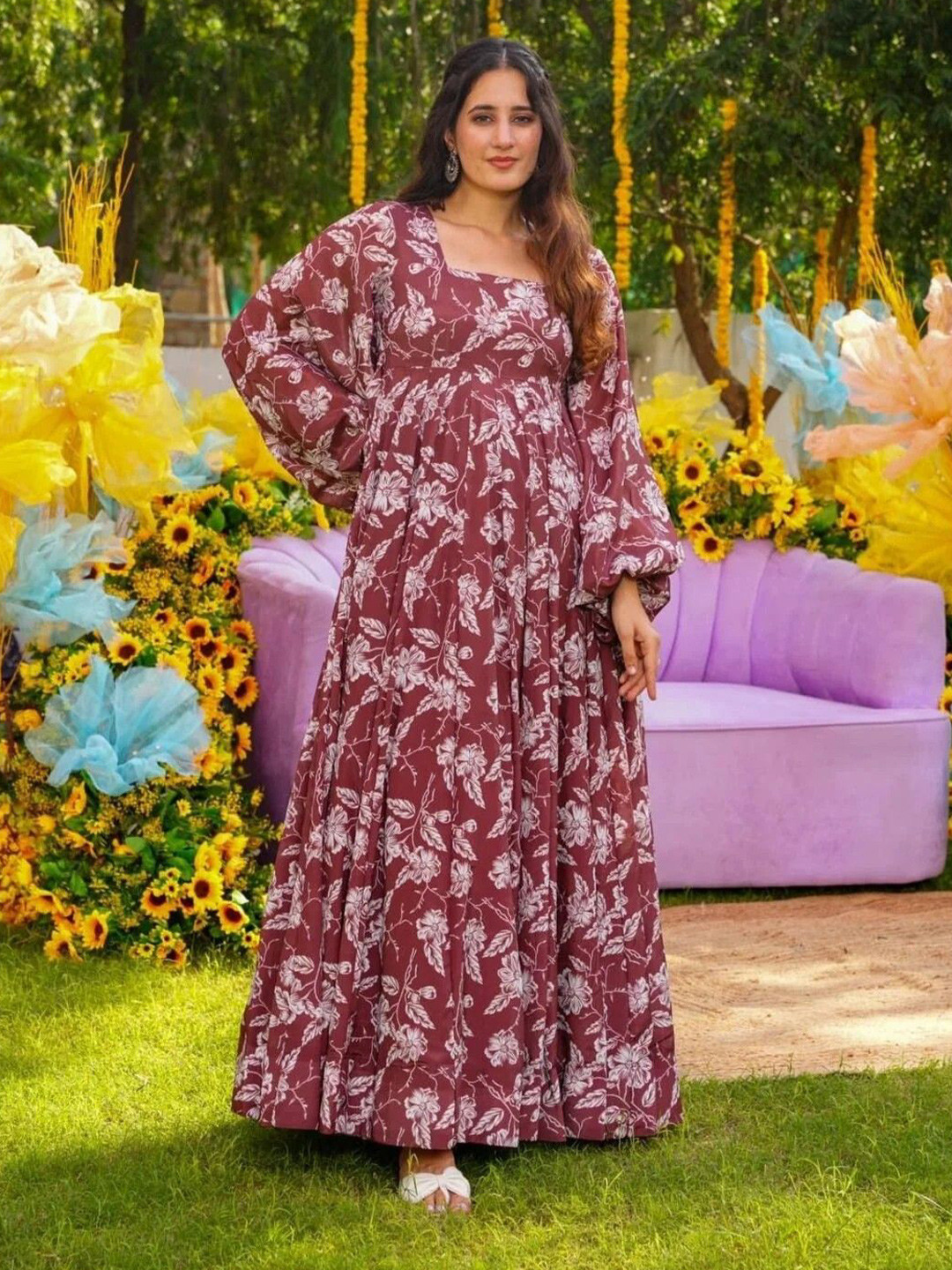 GLOSIA DESIGN Floral Printed Puff Sleeves Fit & Flare Maxi Dress