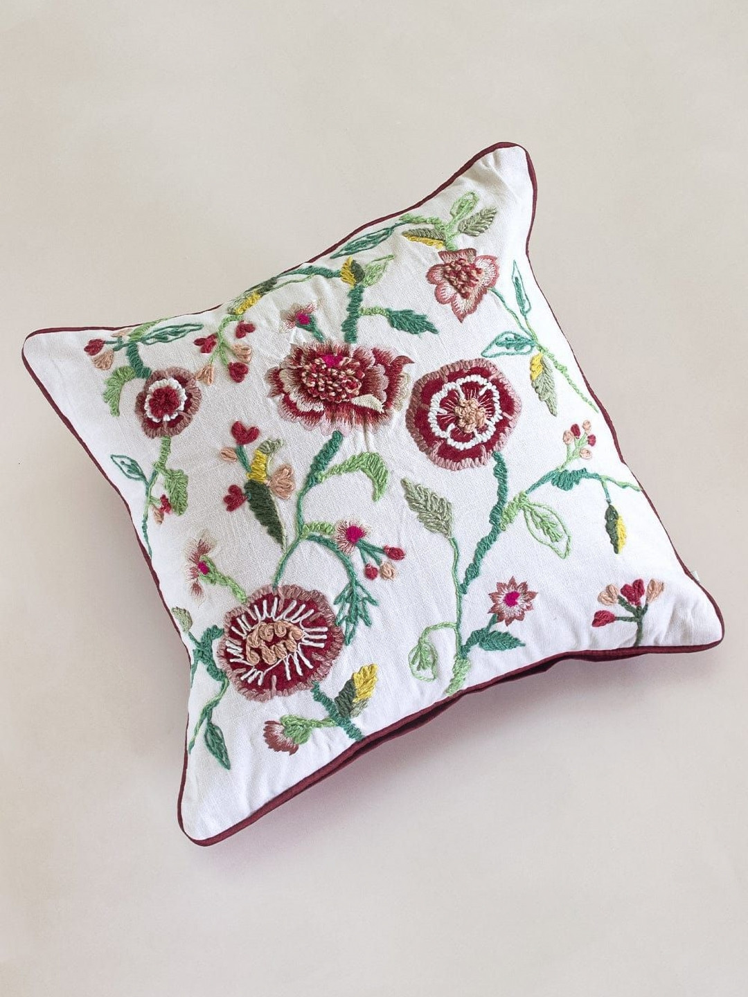 The Wishing Chair White & Maroon Floral Embroidered Square Cotton Cushion Covers