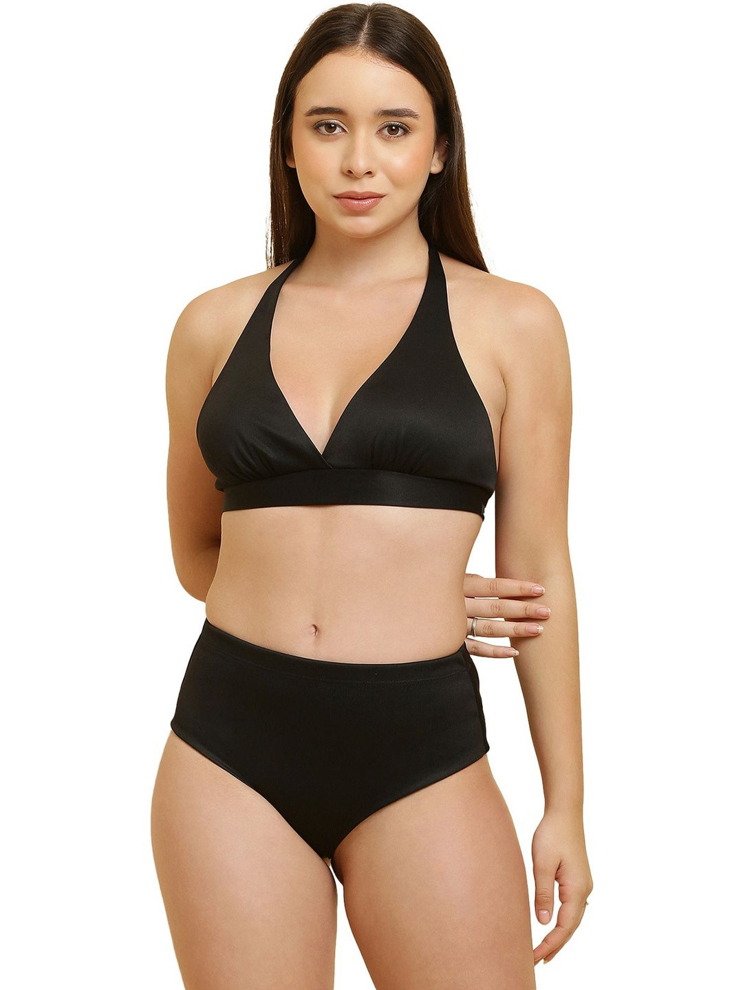 TATAIYA Women Solid Halter Neck Mid Waist 2 Piece Bikini Swimsuit