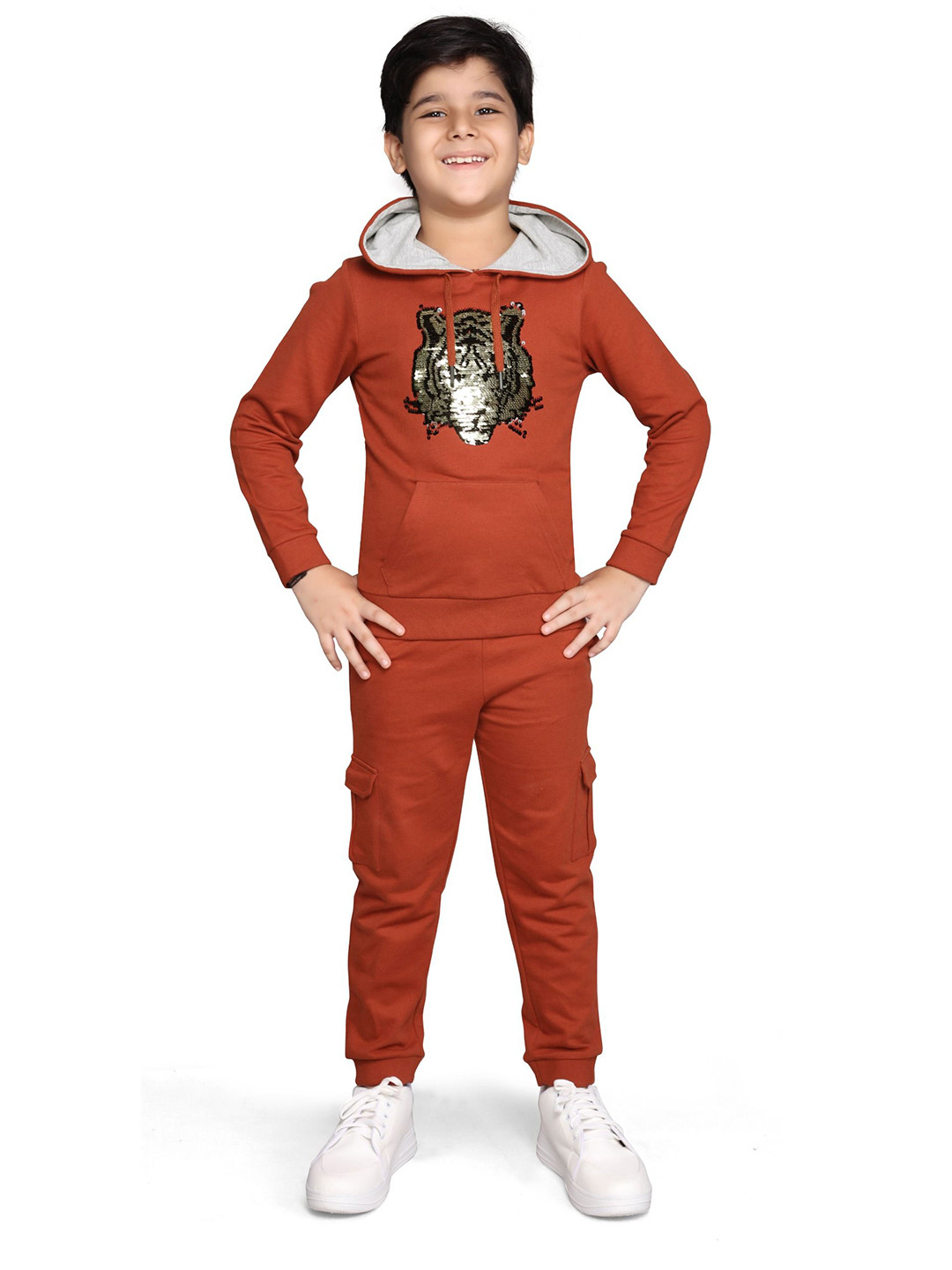 PLUM TREE Boys Hooded Reversable Sequin  Sweatshirt And Cargo Pocket Jogger Pant Set