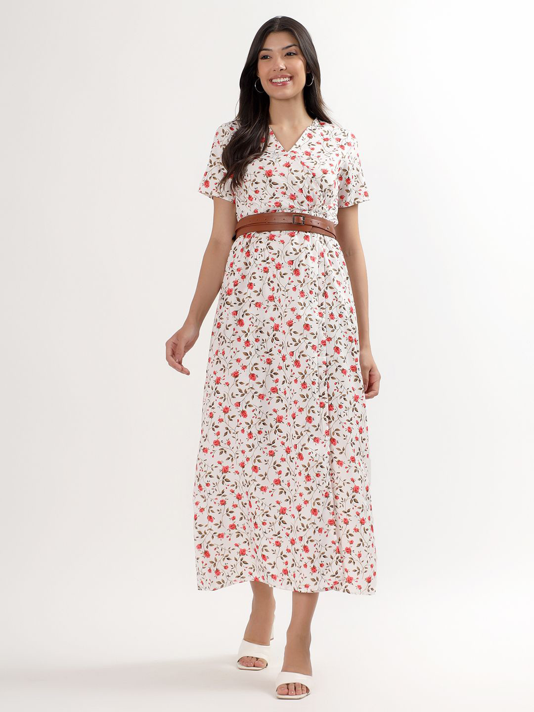 PELLE LUXUR Floral Printed Belted A-Line Midi Dress