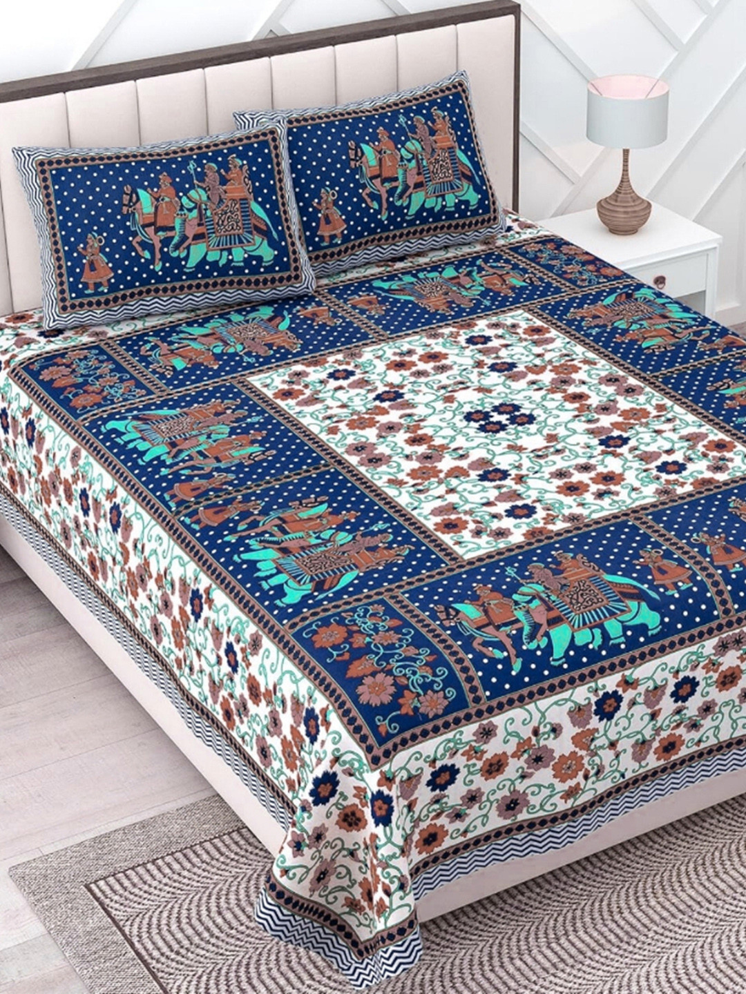 POORAK Blue & White Floral 104 TC King Bedsheet Set  0.9 mx 1 m