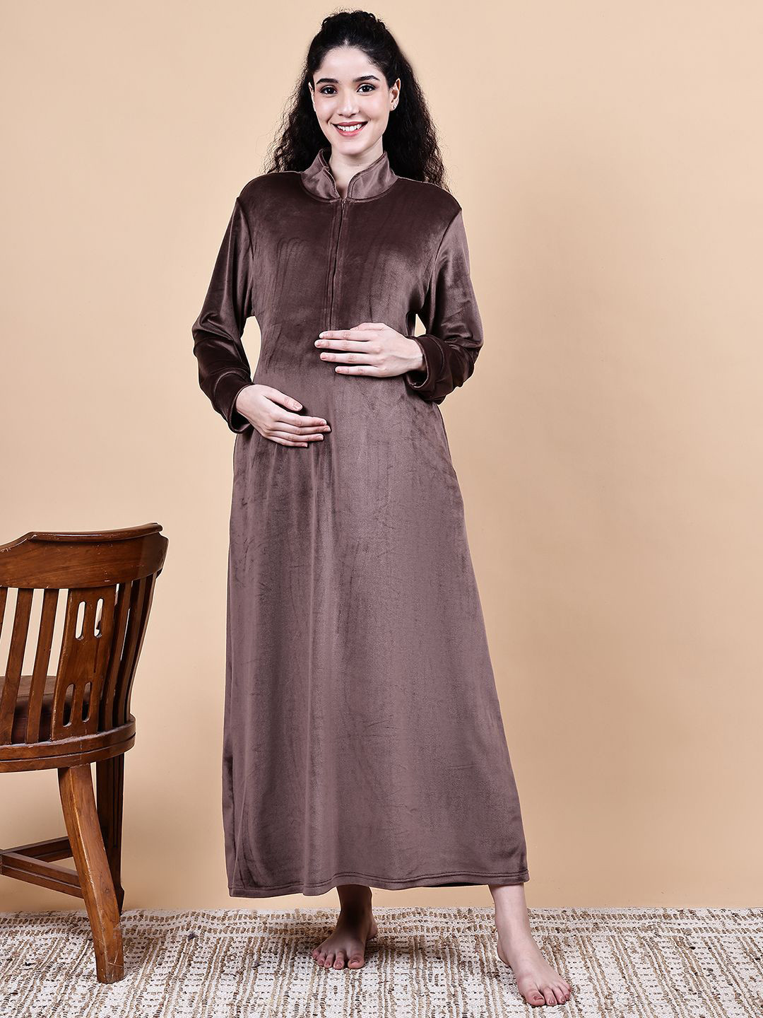 Secret Wish Women Mandarin Collar Long Sleeves Maxi Maternity Nighty Nightdress