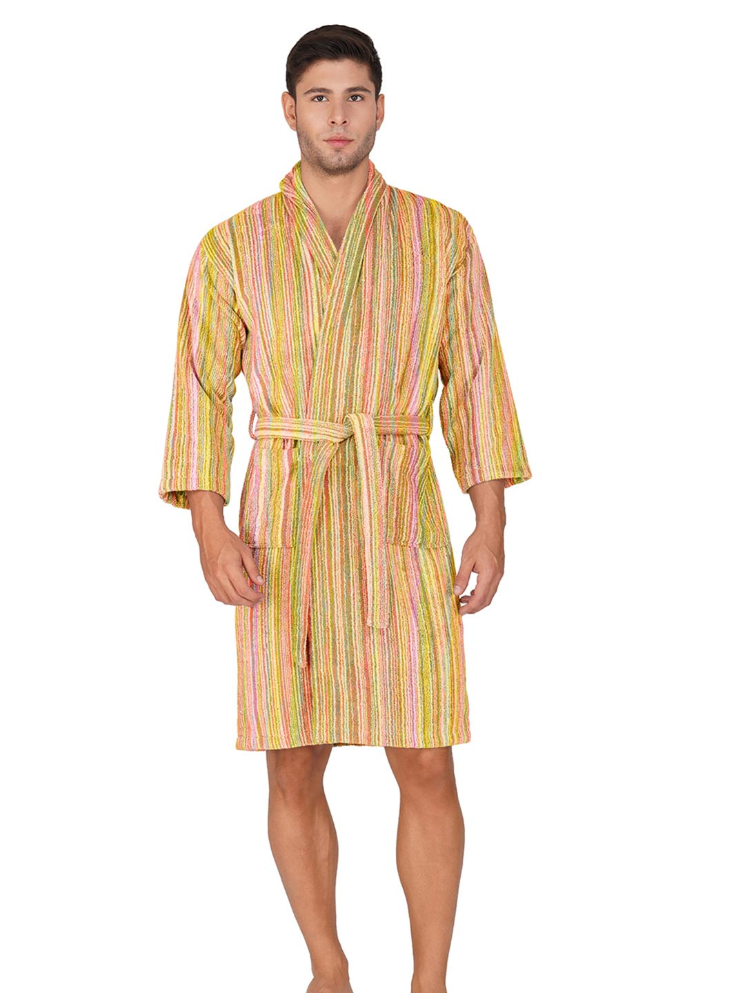 RANGOLI Pinstripe, 450 GSM Yellow Striped Cotton Drawstring Knee Length Bath Robe-XL