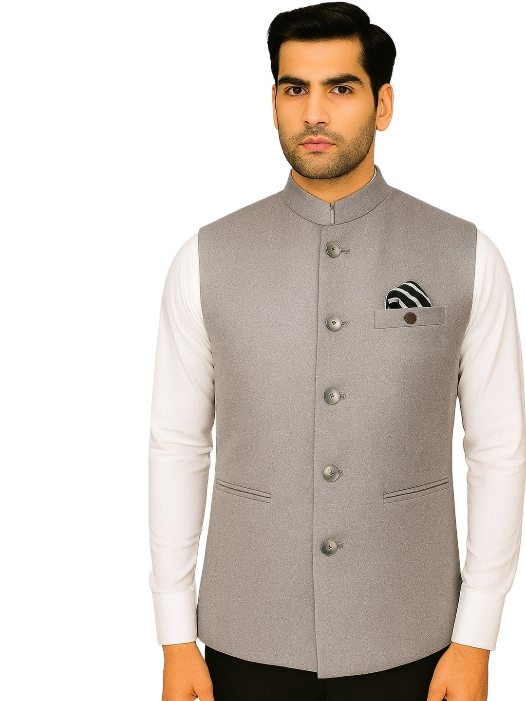 RISANI Grey Wool Blend Pocket Square Formal Nehru Jackets