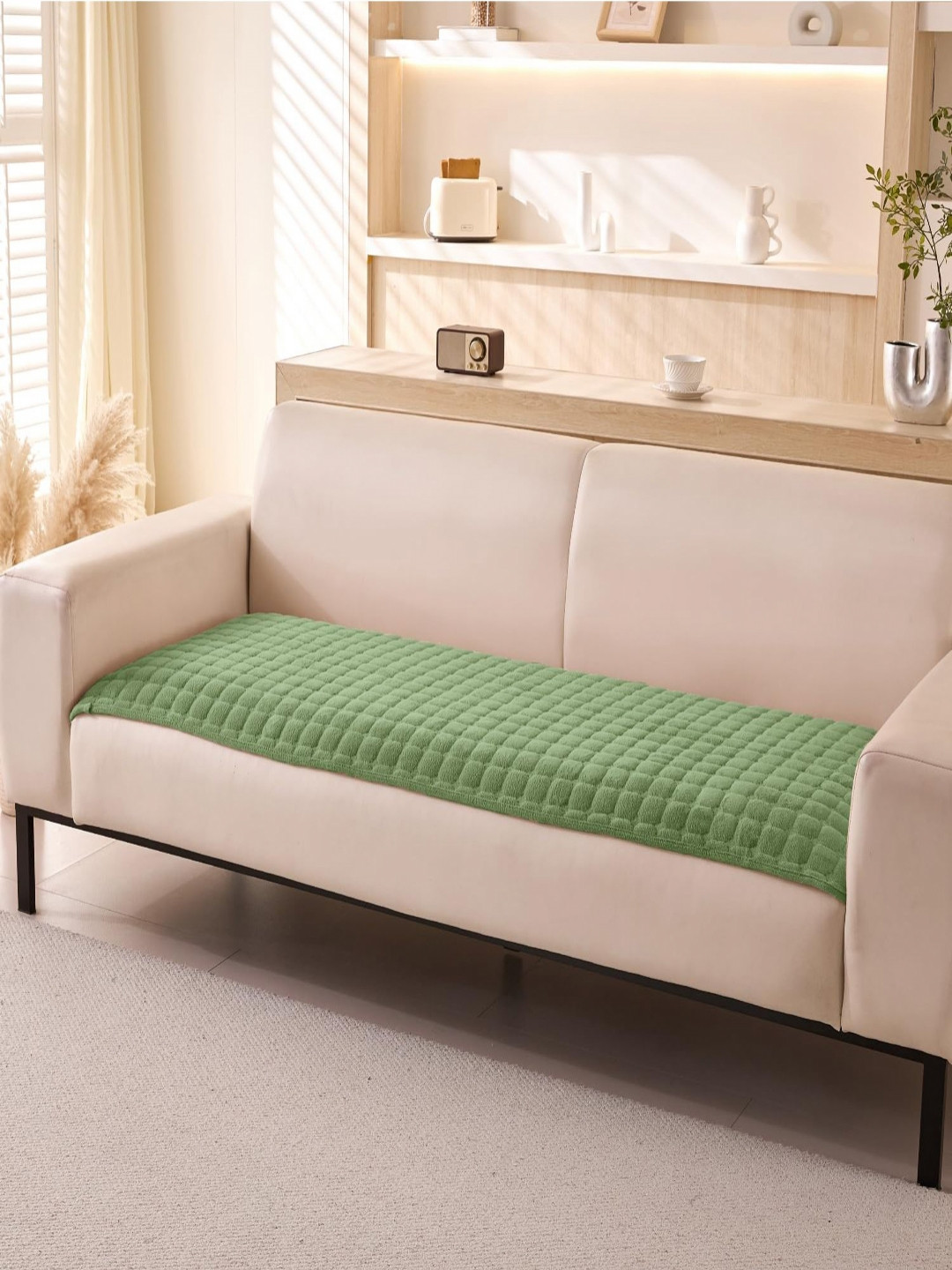 HOUSE OF QUIRK Green Velvet Check Anti-Slip Stretch Sofa Mat 70cm x 70cm