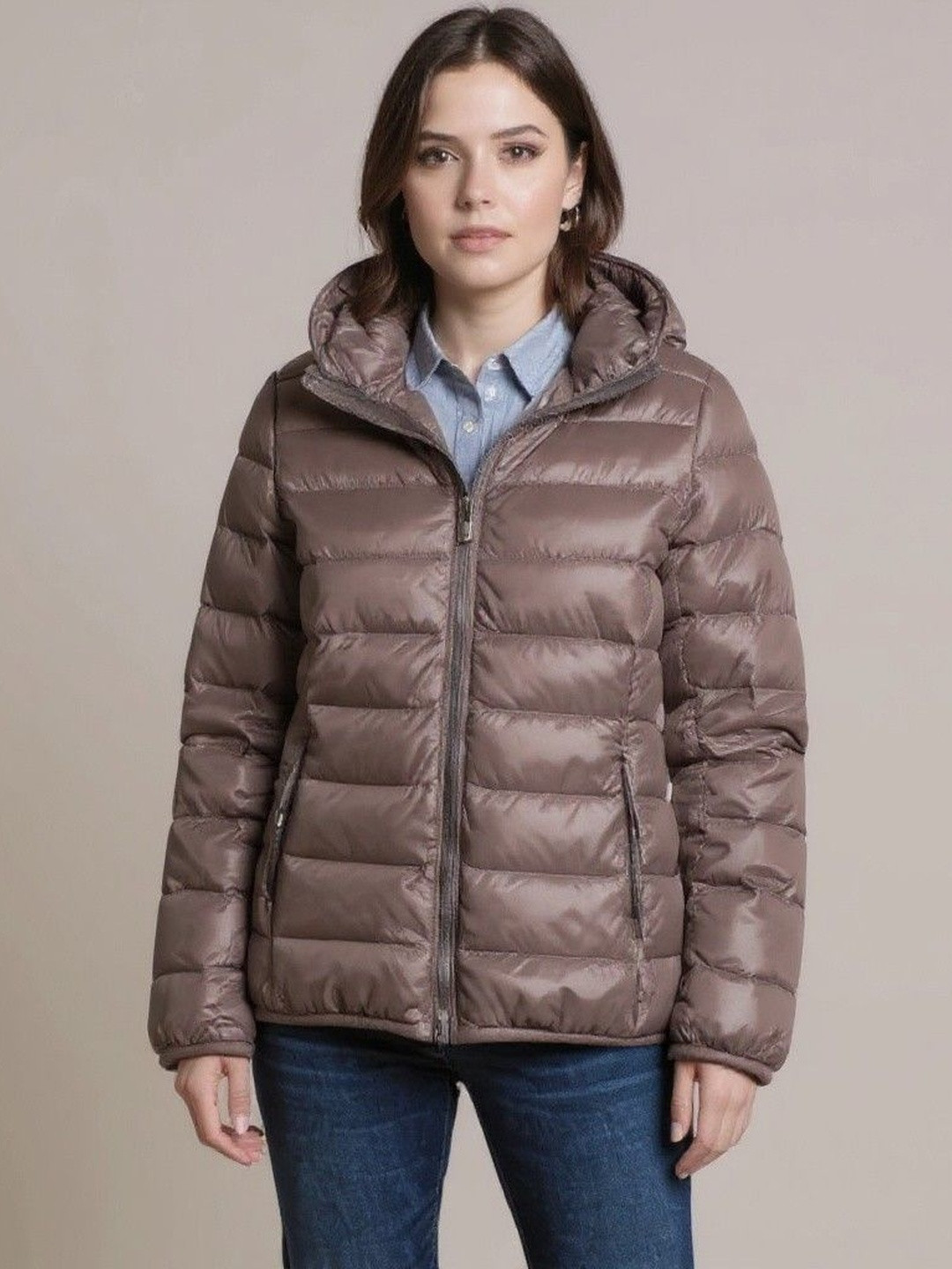 HERE&NOW Women Khaki Nylon Solid Jackets