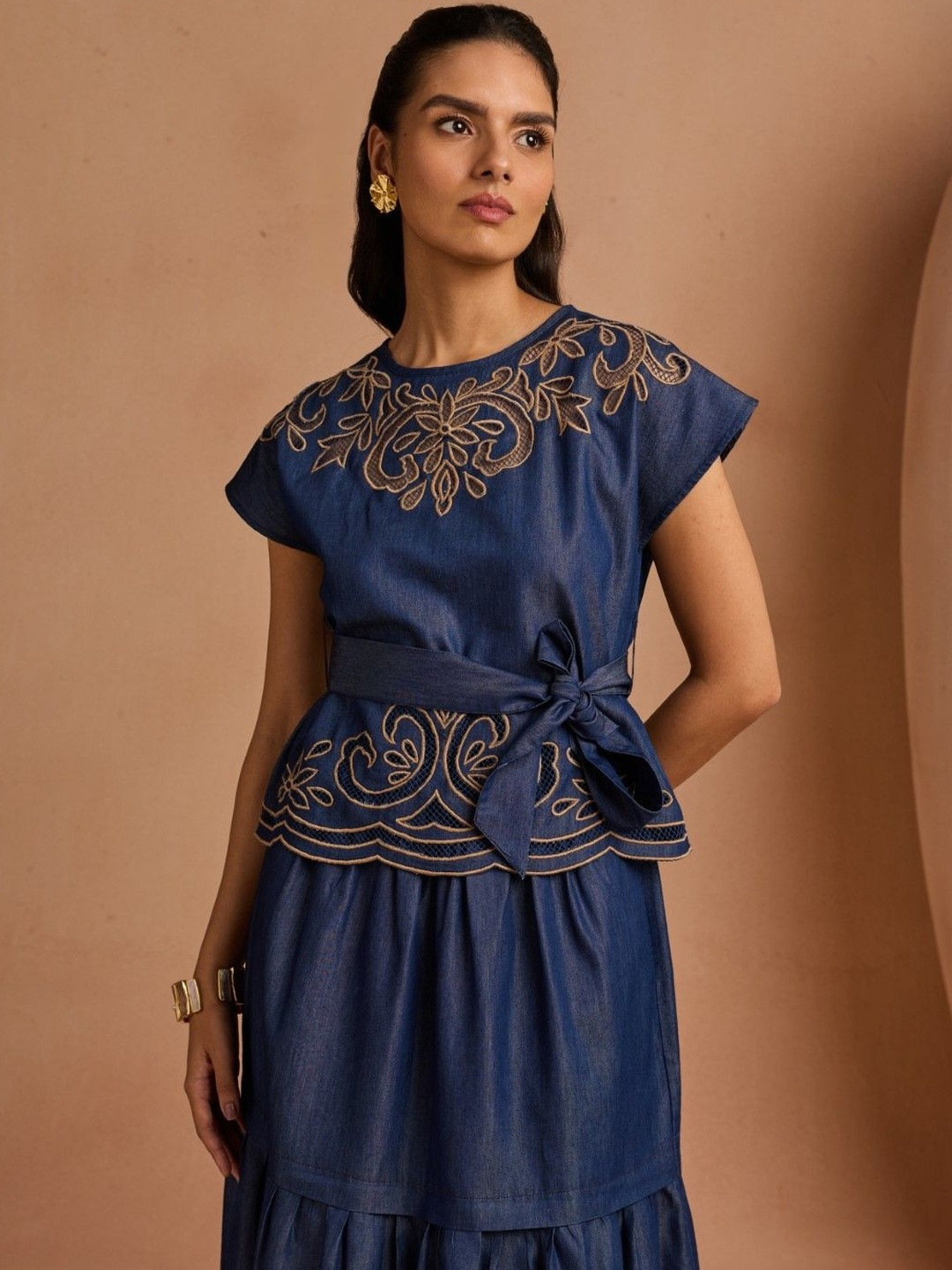 Style Island Embellished Embroidered Ethnic Cotton Denim Peplum Top
