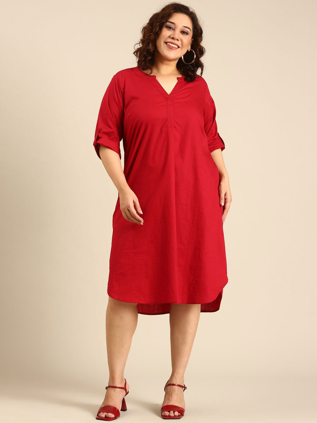 The Pink Moon Day-to-Dusk Women Plus Size Maroon Cotton Midi Dress