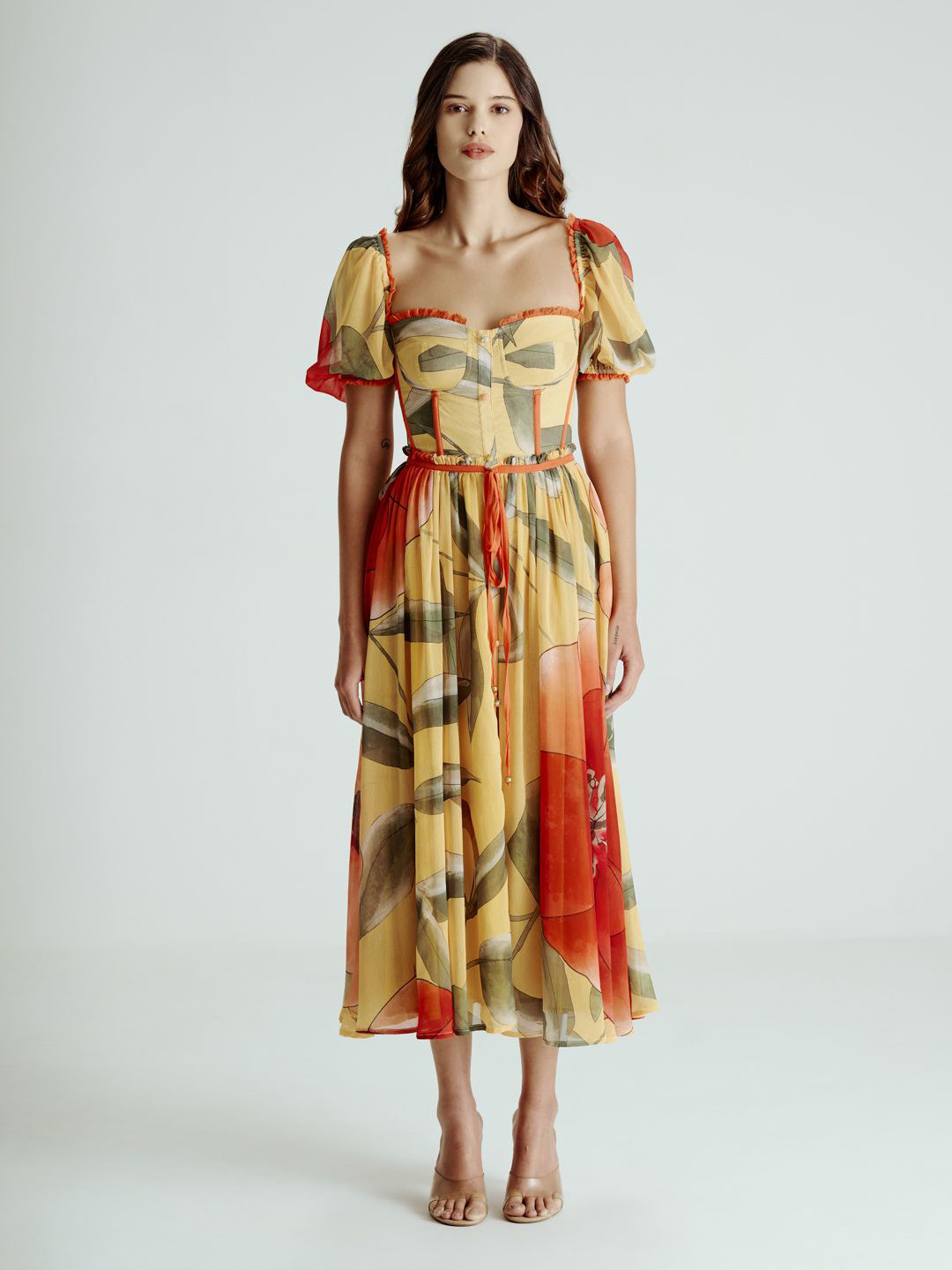 SOTBELLA Summer 25 Floral Printed Puff Sleeves Chiffon Fit & Flare Midi Dress