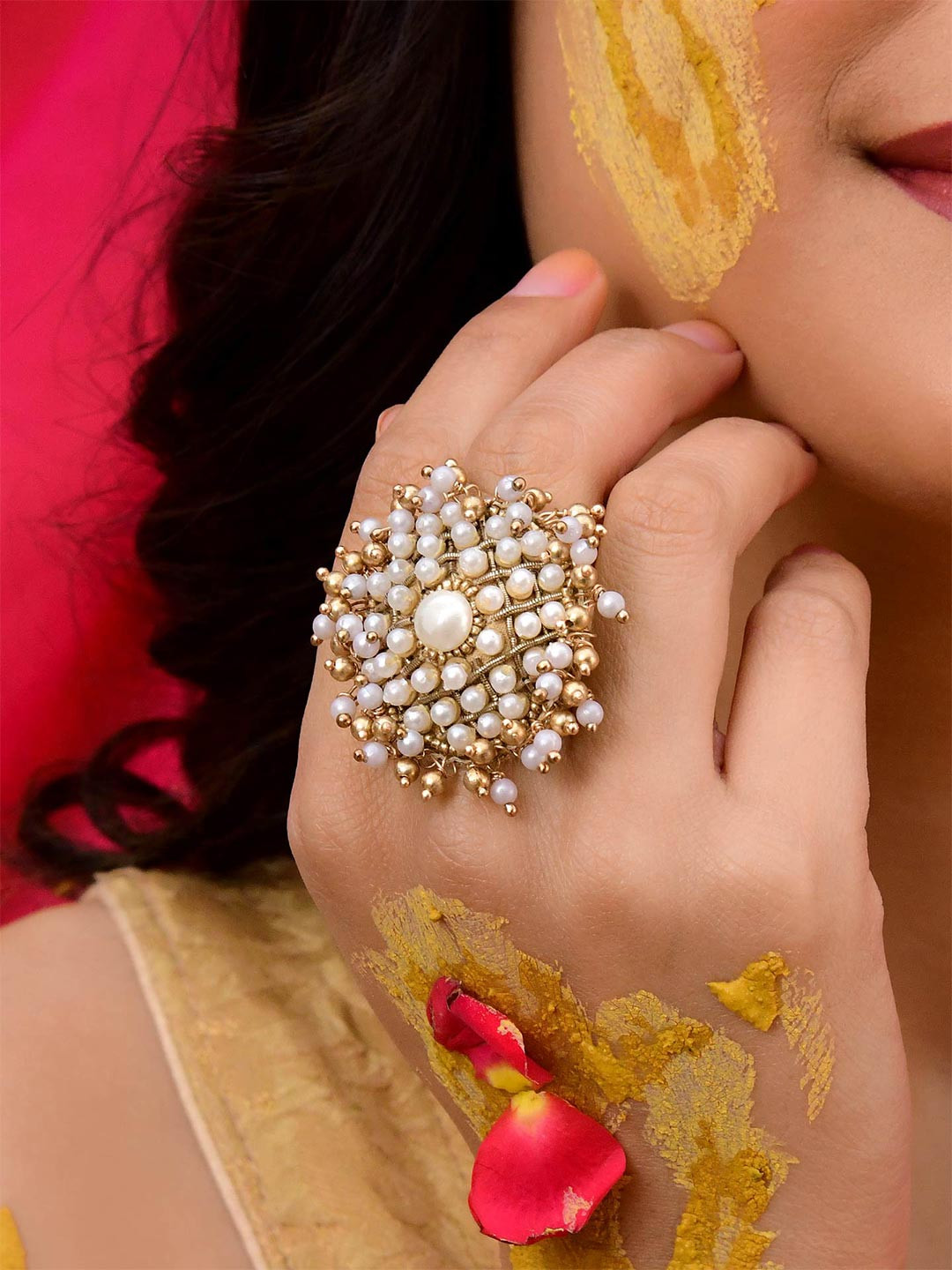 EVERSTYLISH Sanjoya Pearl & Beads Embroidered GoldenAdjustable Finger Ring