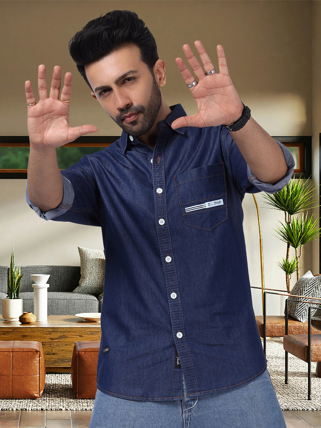 D Finish Spread Collar Smart Denim Casual Shirt