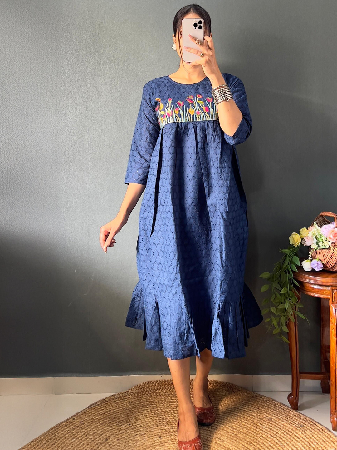 RUNAYA NX Floral Embroidered Round Neck A-Line Cotton Midi Dress