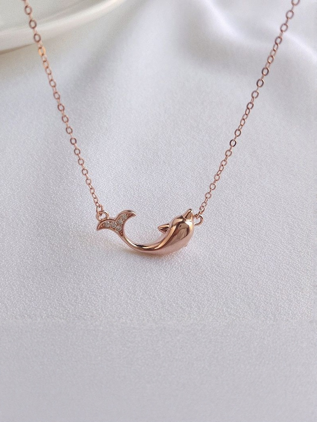 MYSTICFLAVIA Rose Gold Zircon Dolphin Pendant Silver Necklace