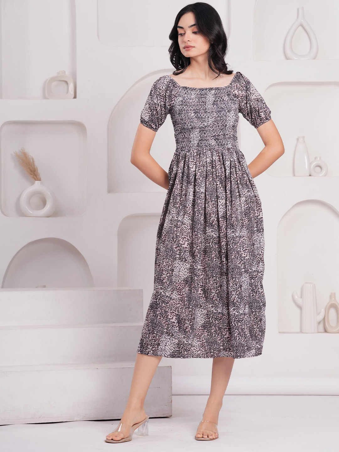 OH MI DIOS Animal Printed Puff Sleeve A-Line Midi Dress