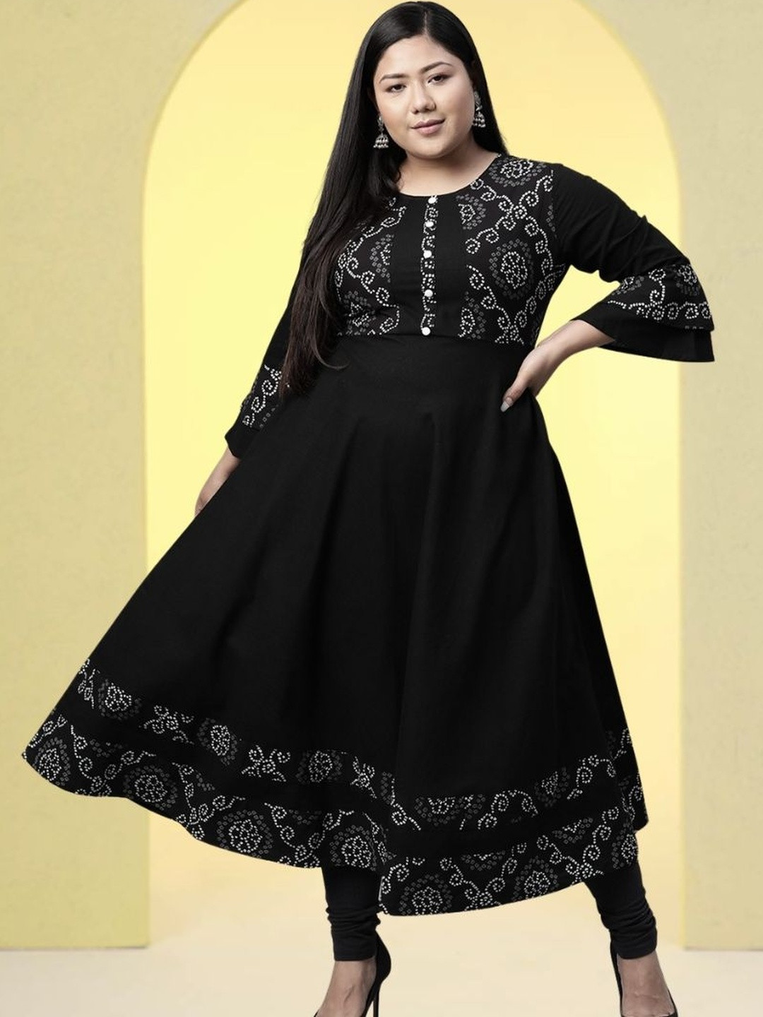 KALINI Black & White Bandhani Printed Notch Neck A-Line Kurta