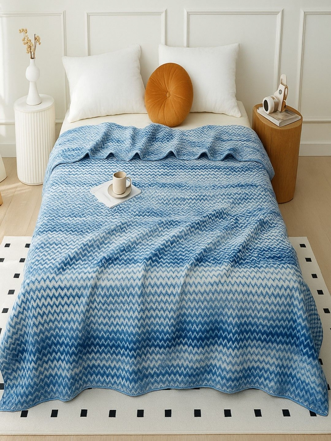 Threadwear Blue & White Geometric Printed Woollen 350 GSM Blanket- 2.40 x 2.20 m