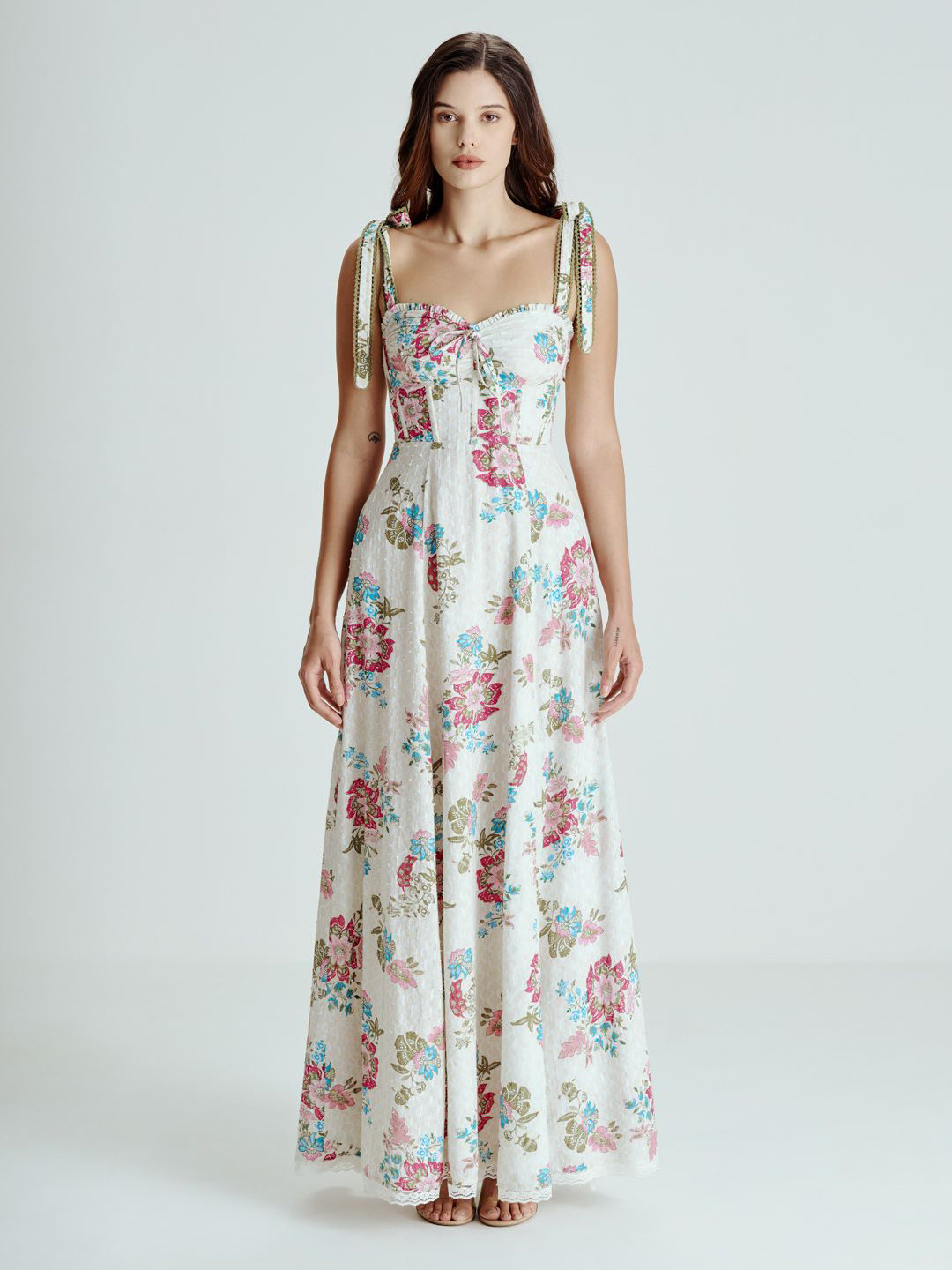 SOTBELLA Floral Printed Sweetheart Neck Bustier Cotton Fit & Flare Maxi Dress