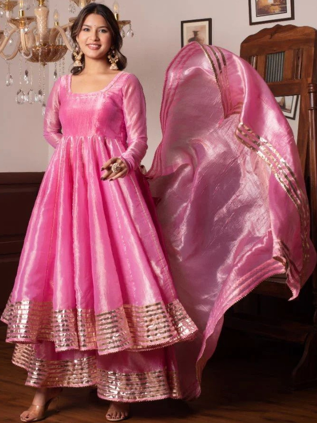 JAIMITI Women Panelled Gotta Patti Pure Silk Kurta with Palazzos & Dupatta