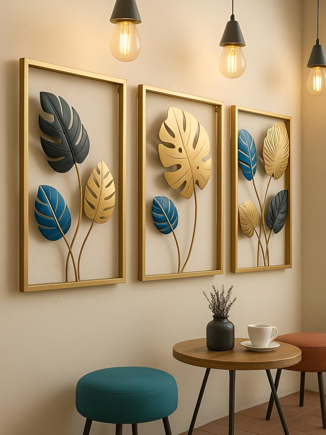 ANSHIKA INTERNATIONAL Botanical Elegance 3Pcs Blue & Black Leaf Wall Frames