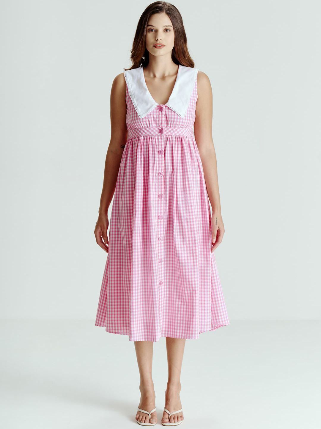 SOTBELLA Summer 25 Checked Shirt Collar Cotton A-Line Midi Dress