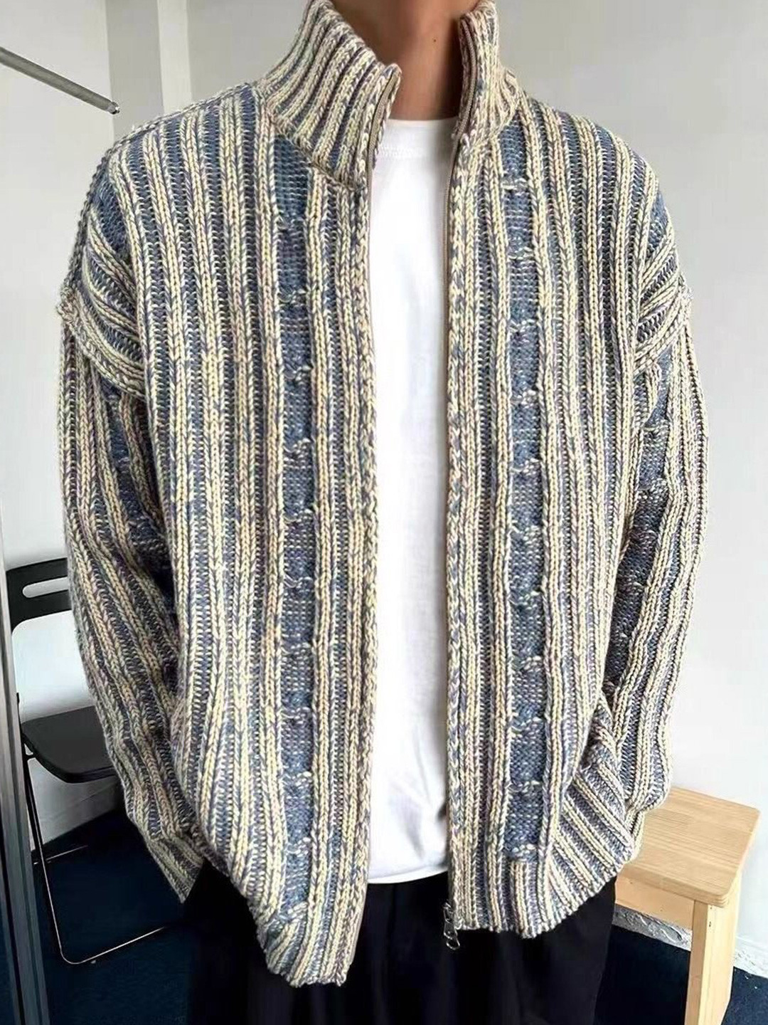 StyleCast x Revolte Men Mock Collar Front-Open Cable Knit Sweater