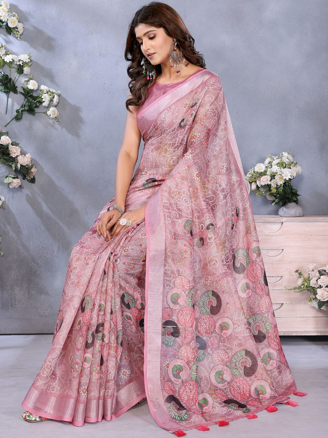 Tarlas Sarees Bandhani Print Zari Pure Linen Saree