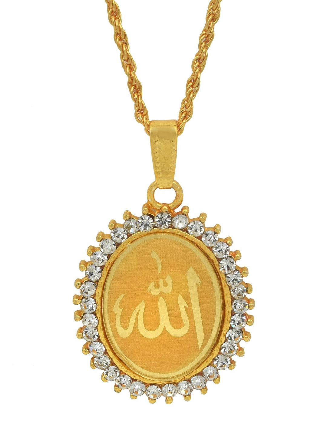 DZINETRENDZ Unisex Gold plated CZ Studded Allah Word Embossed oval Muslim Islamic Pendant