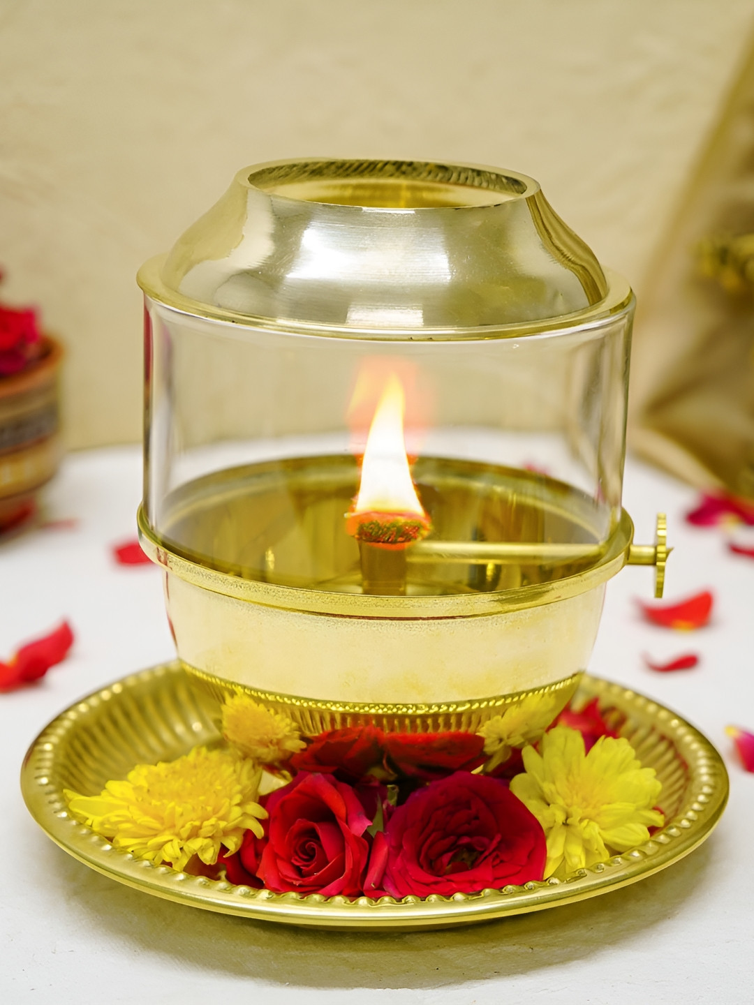 Adbeni Akhand Jyot Diya With Plate &  Glass Cover