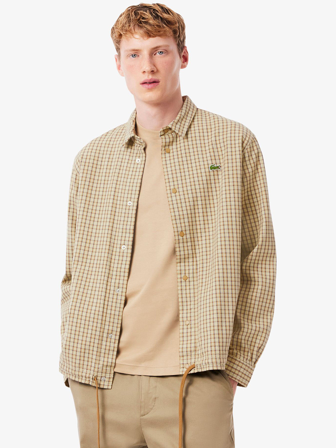 Lacoste Checked Printed Spread Collar Cotton Relaxed Fit Shirt